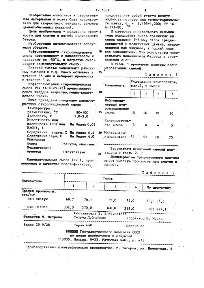 Полимербетонная смесь (патент 1231031)