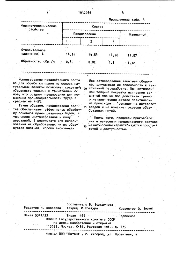 Состав для обработки пряжи на основе натуральных волокон (патент 1032066)