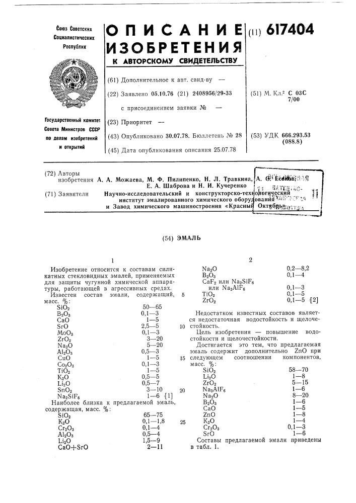 Эмаль (патент 617404)