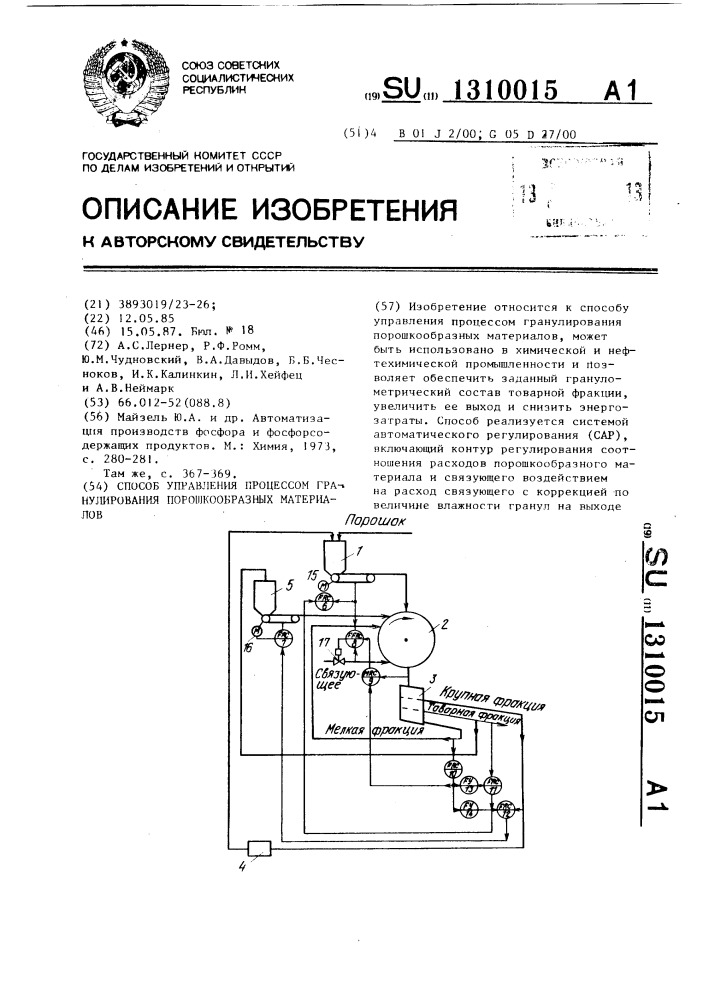 Способ управления процессом гранулирования порошкообразных материалов (патент 1310015)