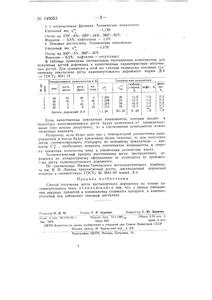 Способ получения дегтя дистиллятного дорожного (патент 149053)