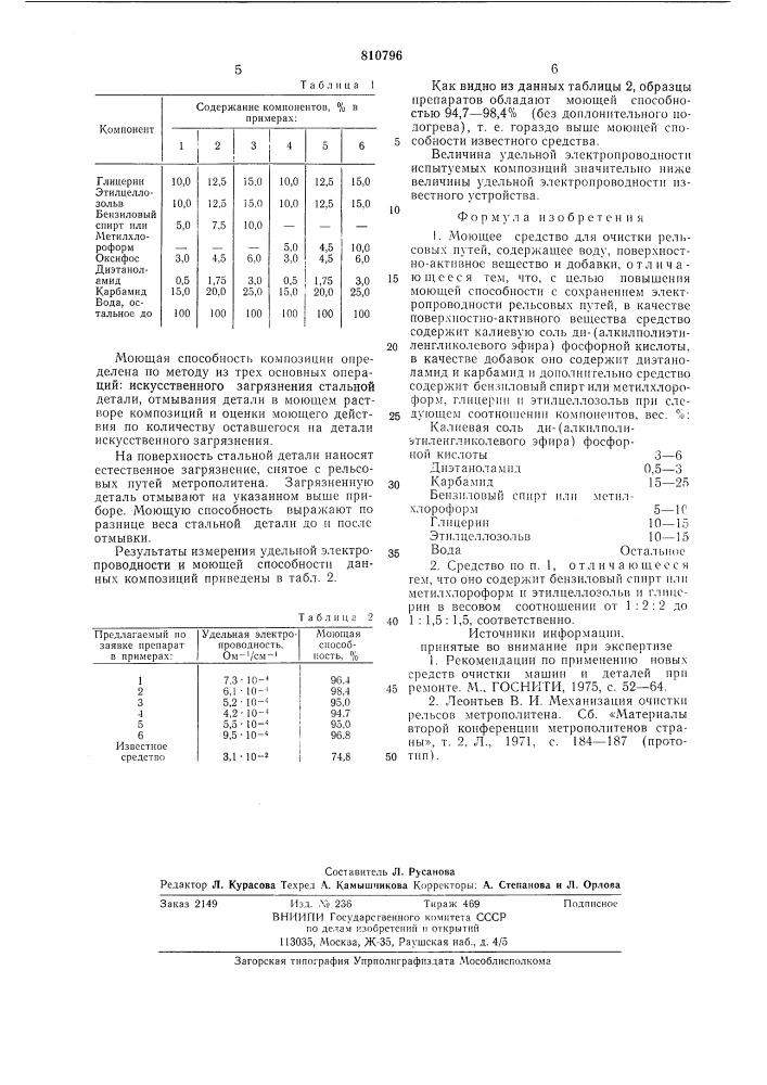 Моющее средство "рельсин" для очисткирельсовых путей (патент 810796)