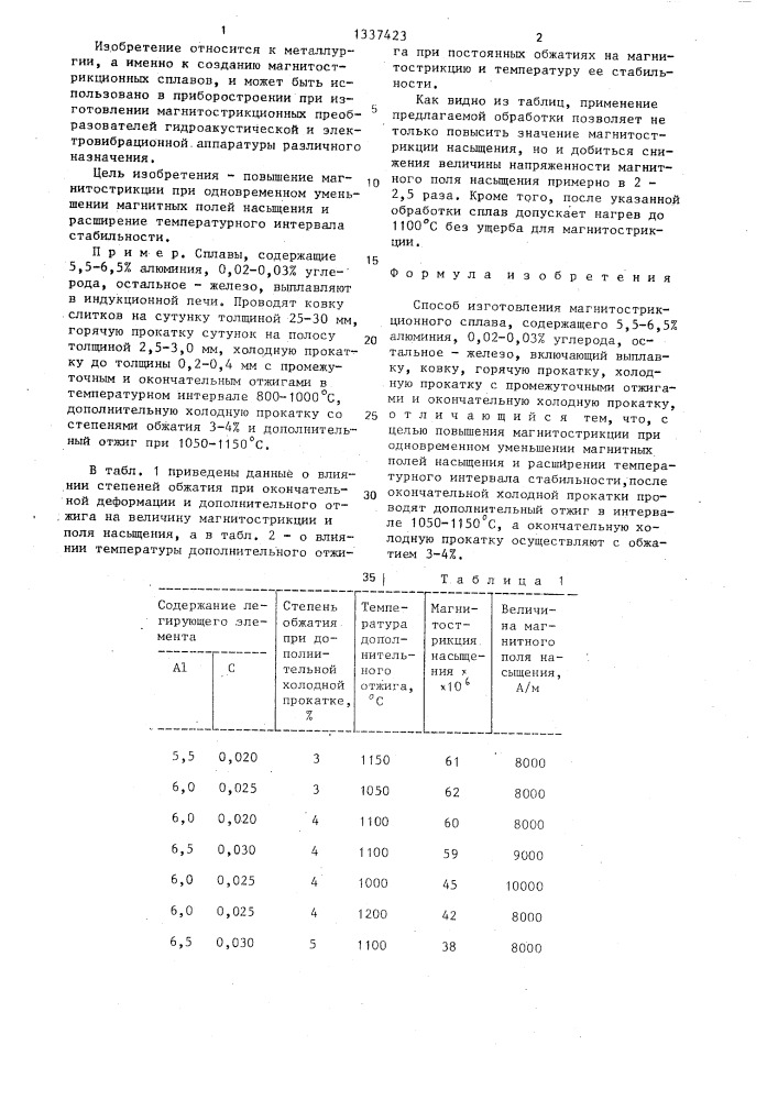 Способ изготовления магнитострикционного сплава (патент 1337423)