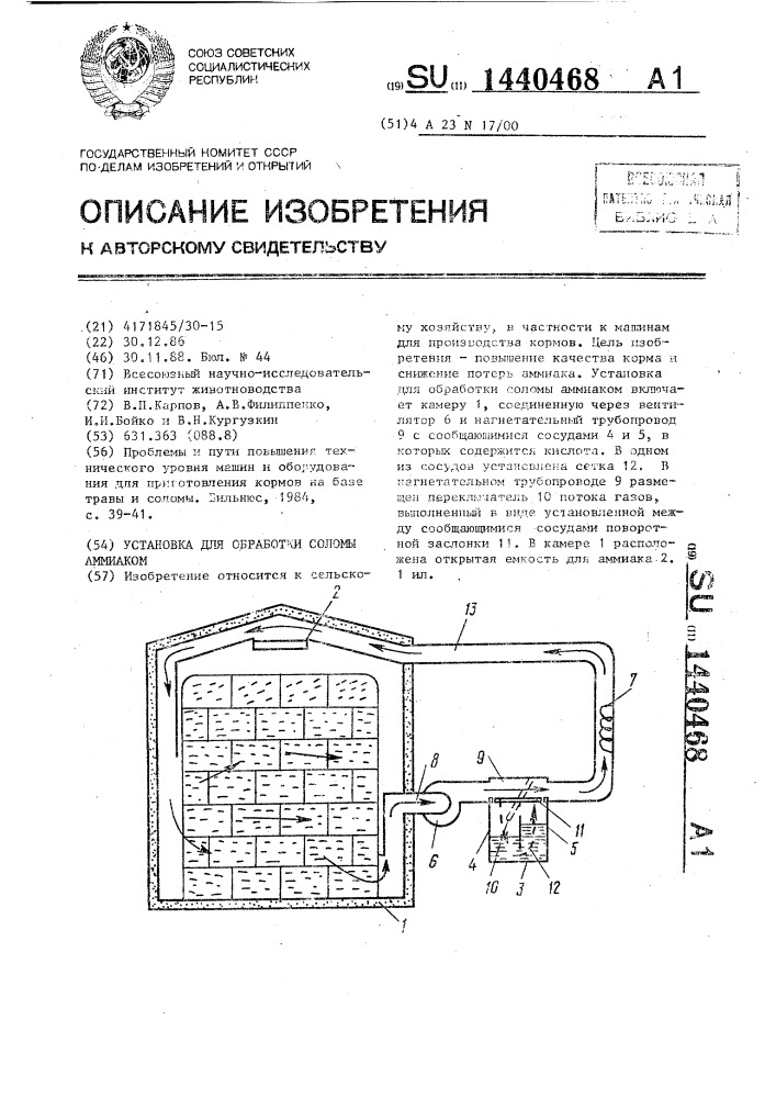 Установка для обработки соломы аммиаком (патент 1440468)