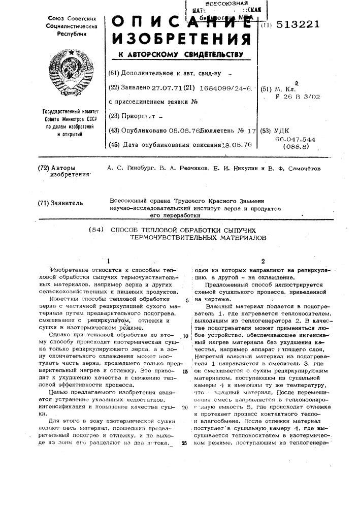 Способ тепловой обработки сыпучих термочувствительных материалов (патент 513221)