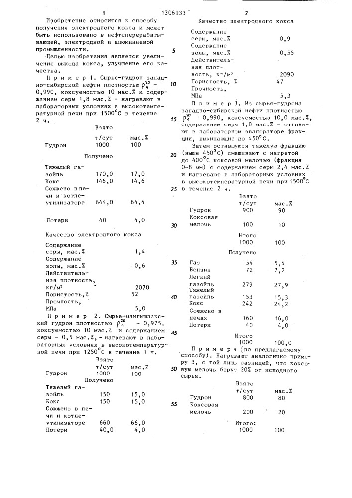 Способ получения электродного кокса (патент 1306933)