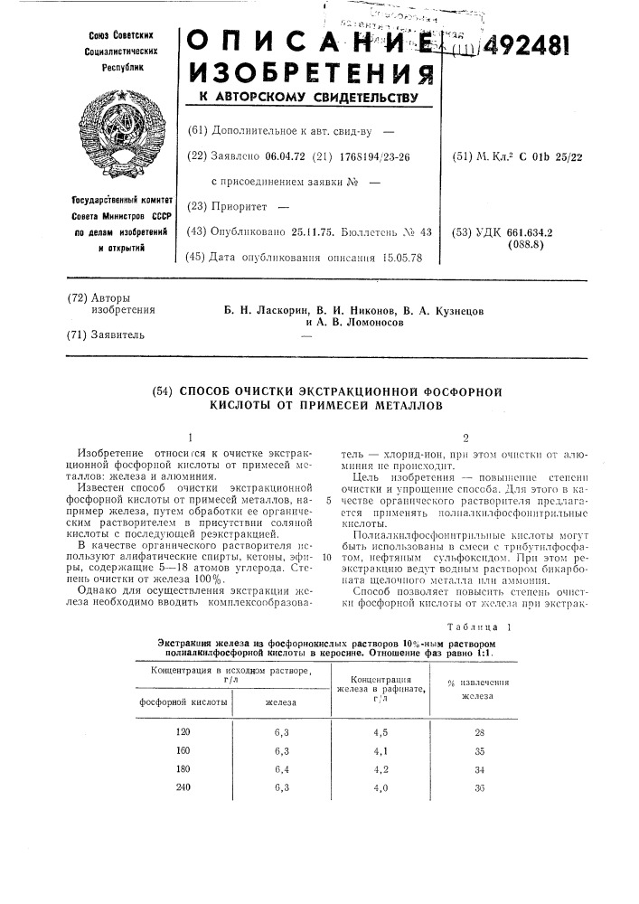 Способ очистки экстракционной фосфорной кислоты от примесей металлов (патент 492481)