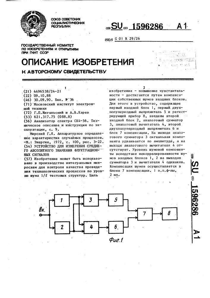 Устройство для измерения среднего абсолютного значения флуктуационных сигналов (патент 1596286)