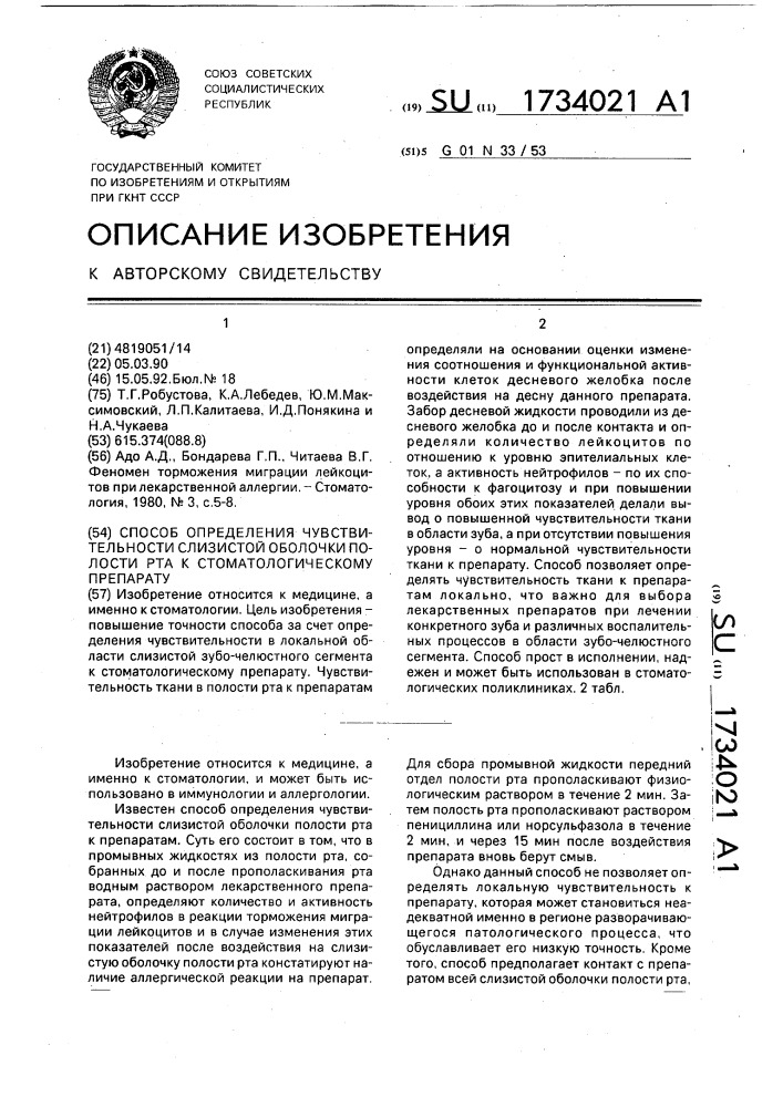 Способ определения чувствительности слизистой оболочки полости рта к стоматологическому препарату (патент 1734021)