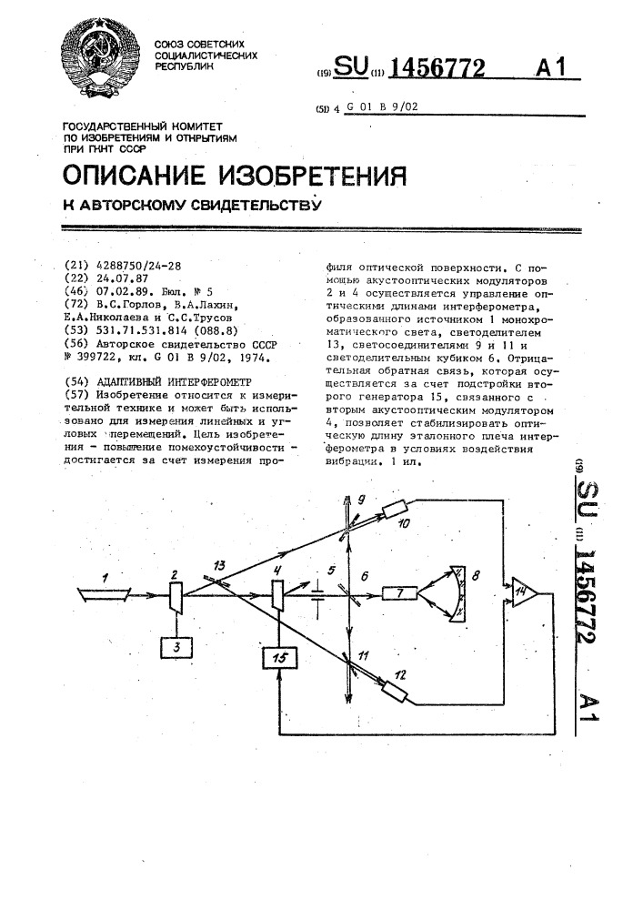 Адаптивный интерферометр (патент 1456772)