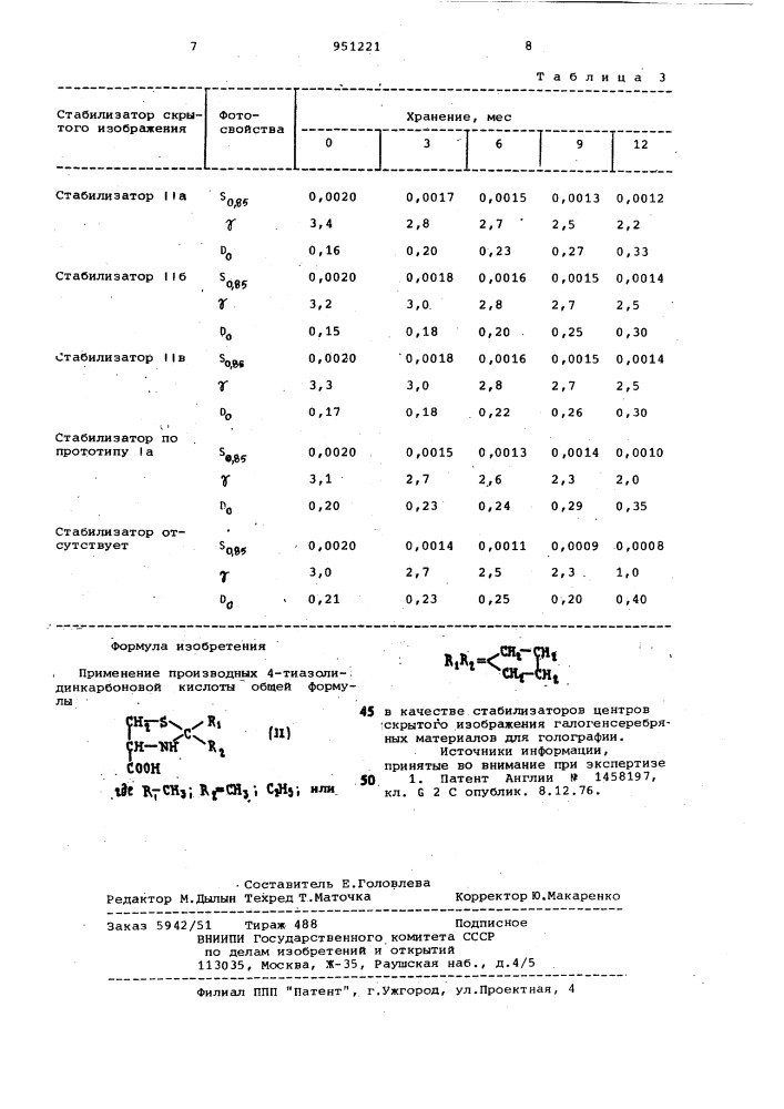 Применение производных 4-тиазолидинкарбоновой кислоты в качестве стабилизаторов центров скрытого изображения галогенсеребряных материалов для голографии (патент 951221)