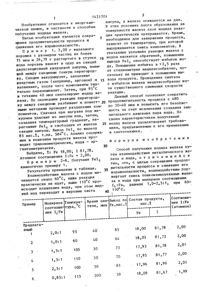 Способ получения иодида железа (патент 1421701)