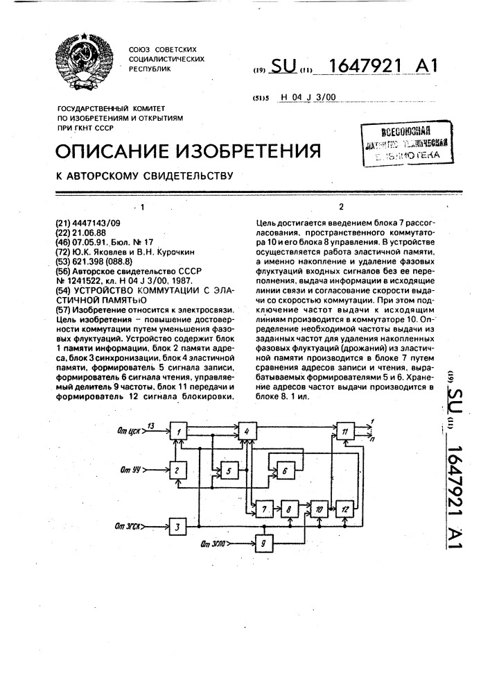 Устройство коммутации с эластичной памятью (патент 1647921)