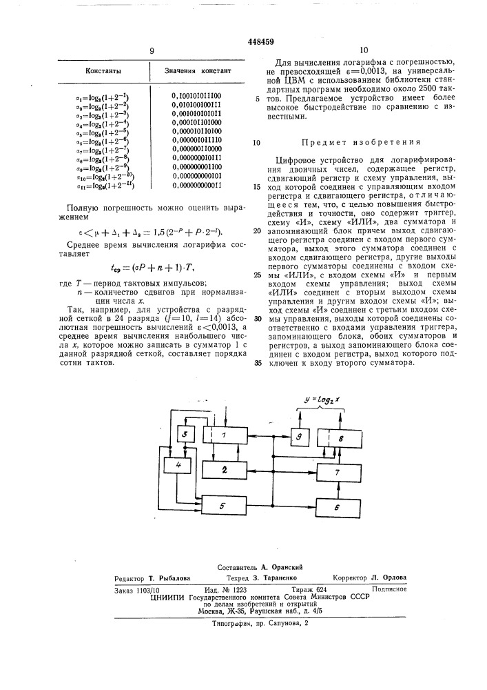 Цифровое устройство для логарифмирования двоичных чисел (патент 448459)