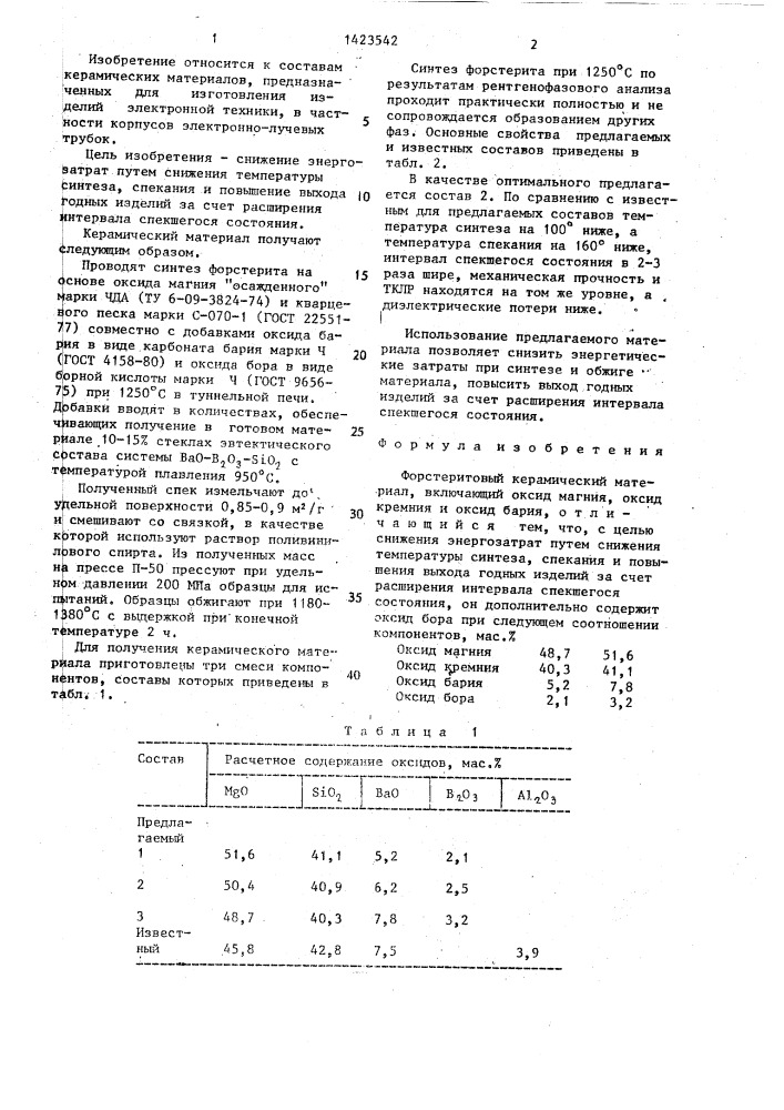 Форстеритовый керамический материал (патент 1423542)