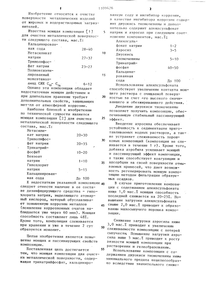 Моющая композиция для очистки металлической поверхности (патент 1109426)