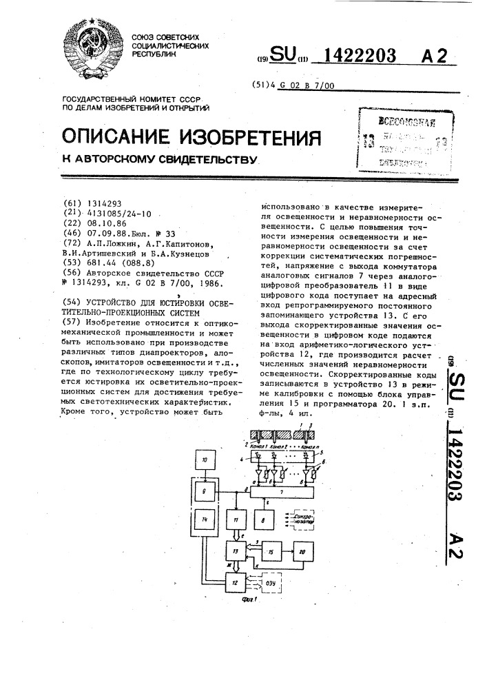 Устройство для юстировки осветительно-проекционных систем (патент 1422203)