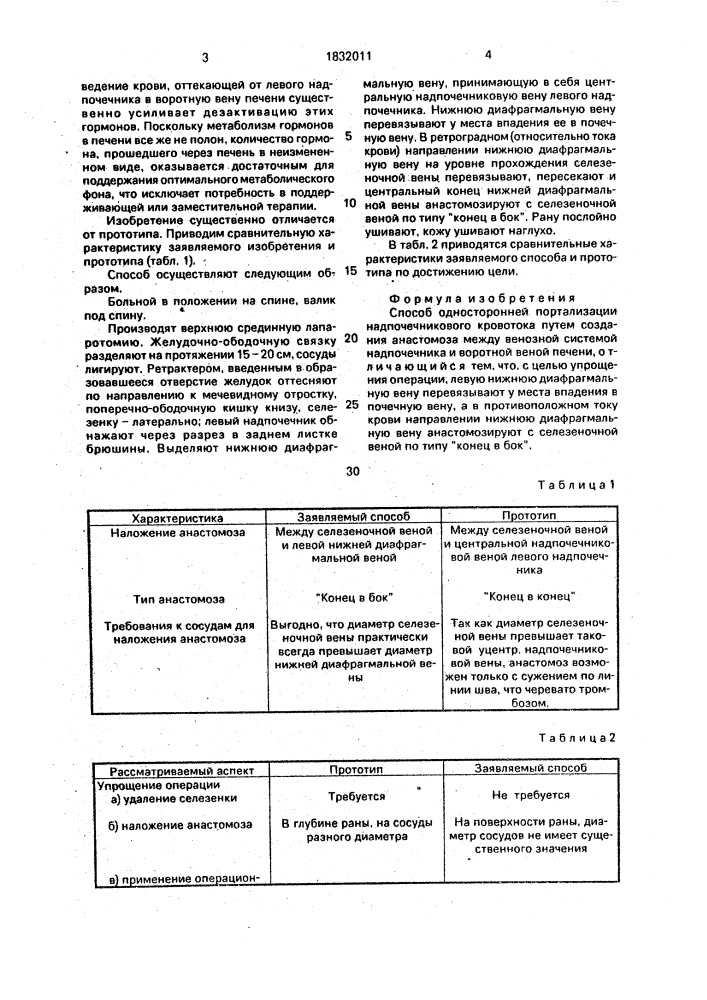 Способ односторонней портализации надпочечникового кровотока (патент 1832011)