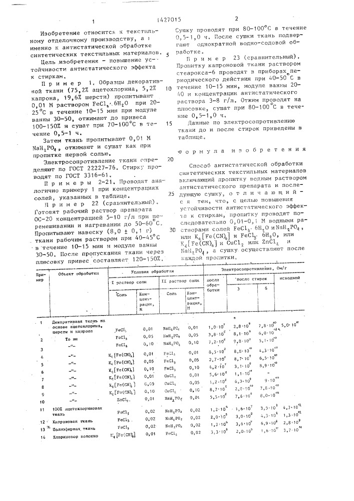 Способ антистатистической обработки синтетических текстильных материалов (патент 1427015)