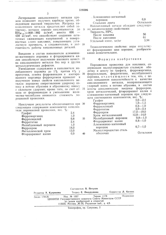 Порошковая проволока для наплавки (патент 519306)