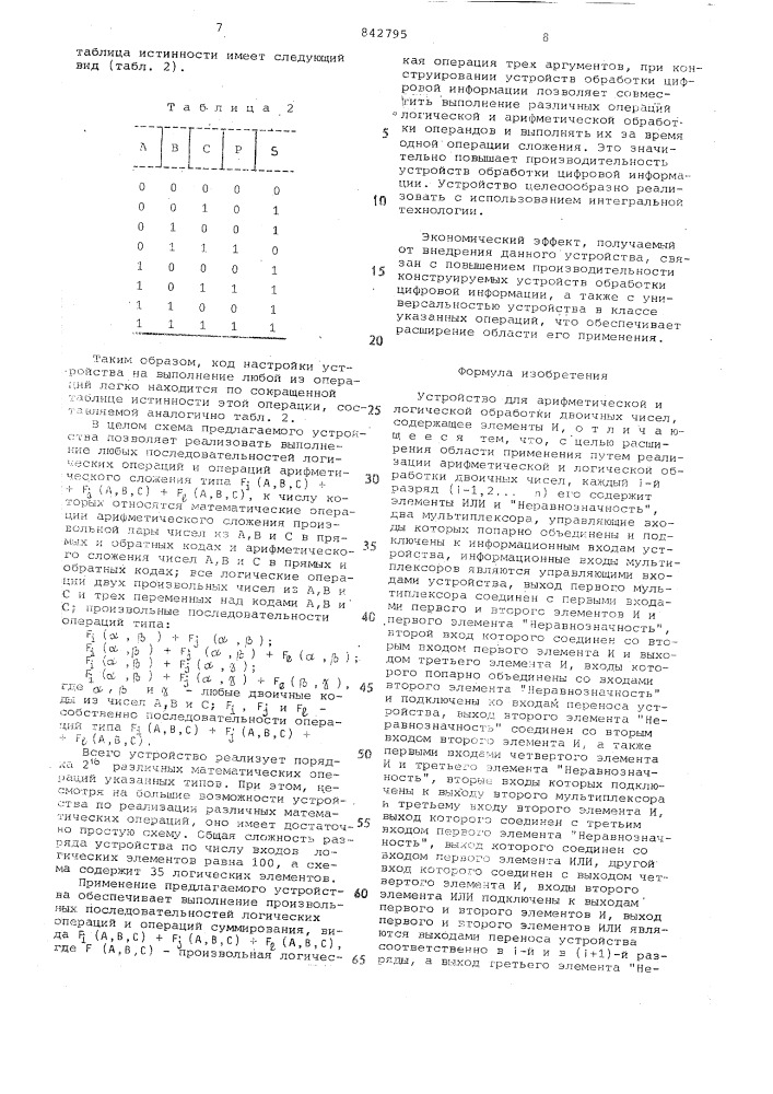 Устройство для арифметической илогической обработки двоичныхчисел (патент 842795)