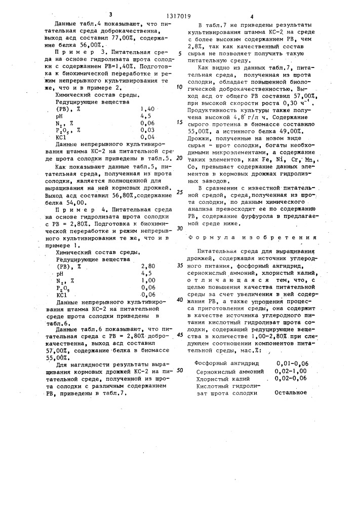 Питательная среда для выращивания дрожжей (патент 1317019)