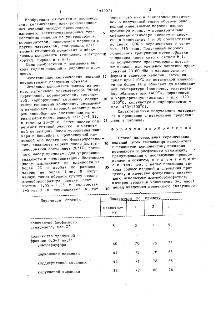 Способ изготовления керамических изделий (патент 1435572)