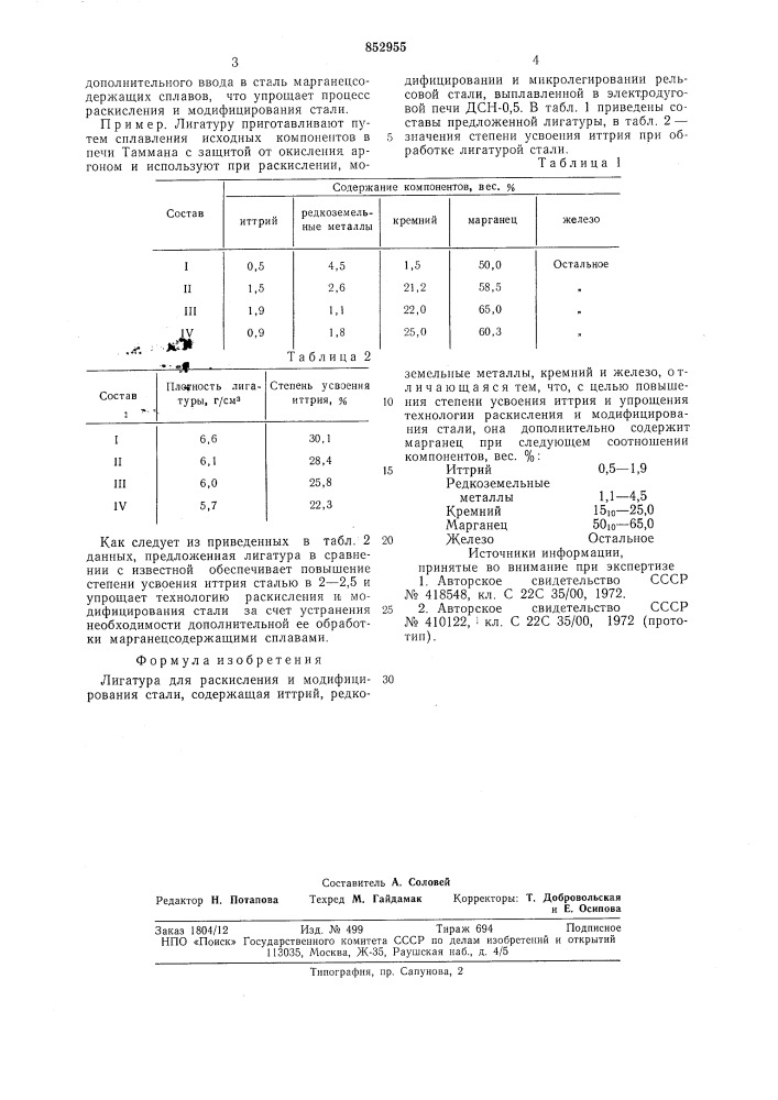 Лигатура для раскисления и модифици-рования стали (патент 852955)