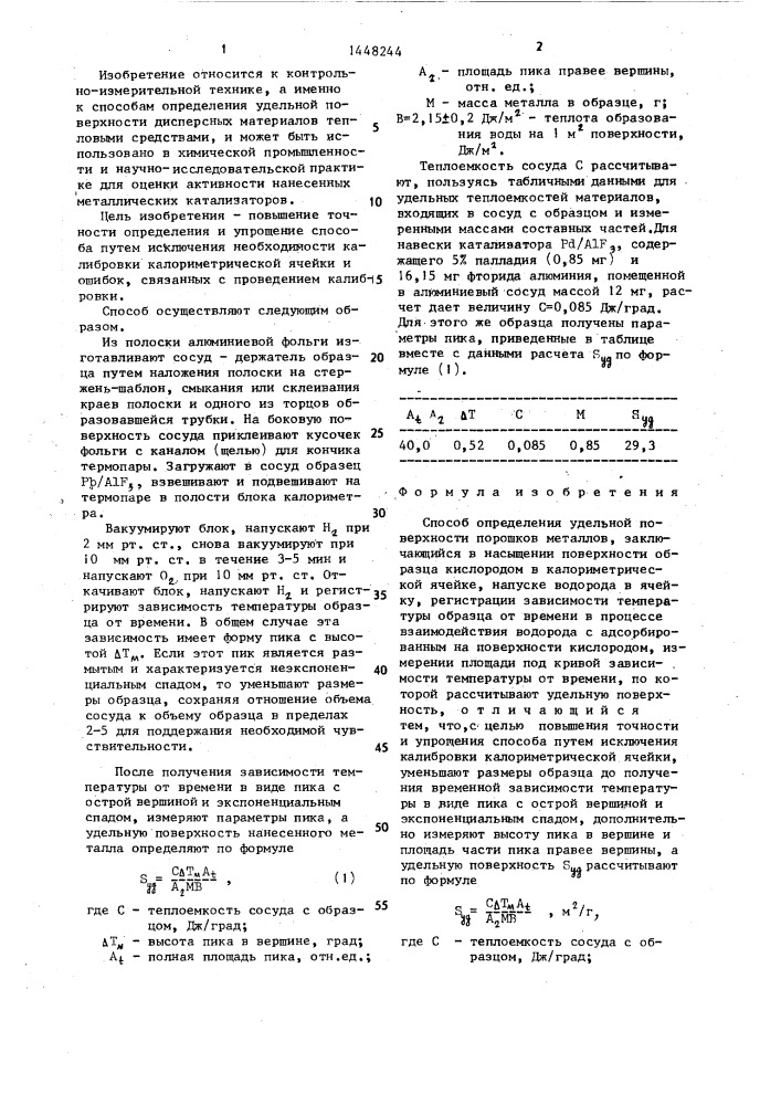 Способ определения удельной поверхности порошков металлов (патент 1448244)
