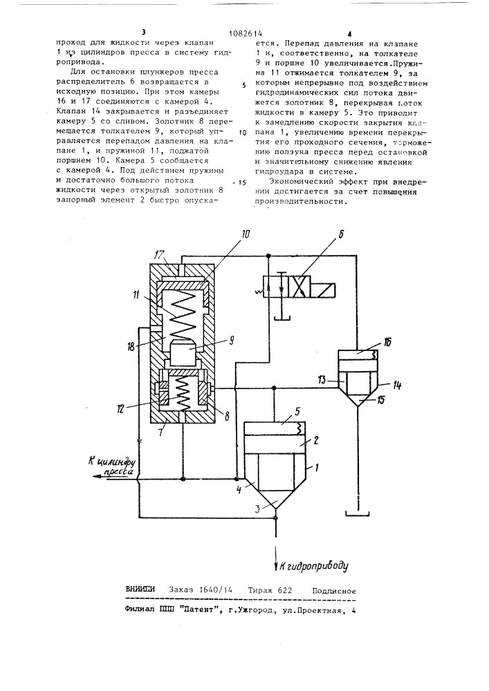 Система управления гидравлическим двухлинейным клапаном с запорным элементом и управляющей камерой,соединенным проточной камерой с цилиндром пресса,а соплом - с его гидроприводом (патент 1082614)