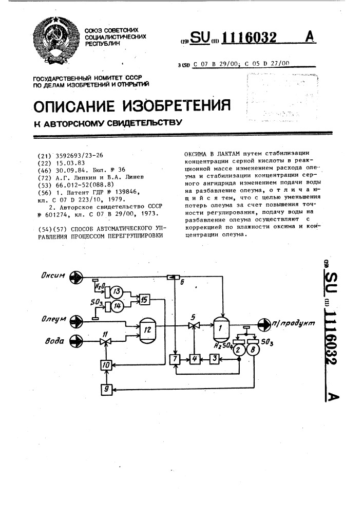 Способ автоматического управления процессом перегруппировки оксима в лактам (патент 1116032)
