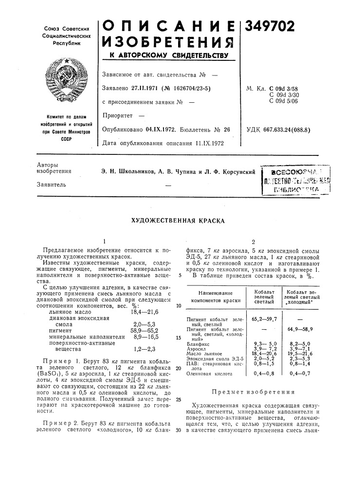 Художественная краска (патент 349702)
