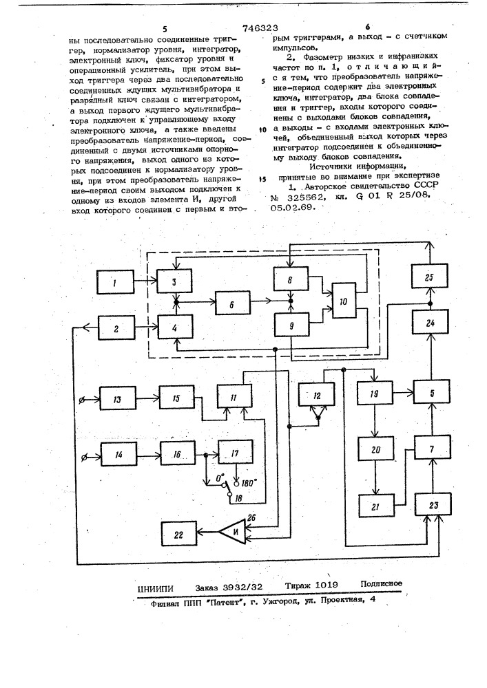 Цифровой фазометр низких и инфранизких частот (патент 746323)