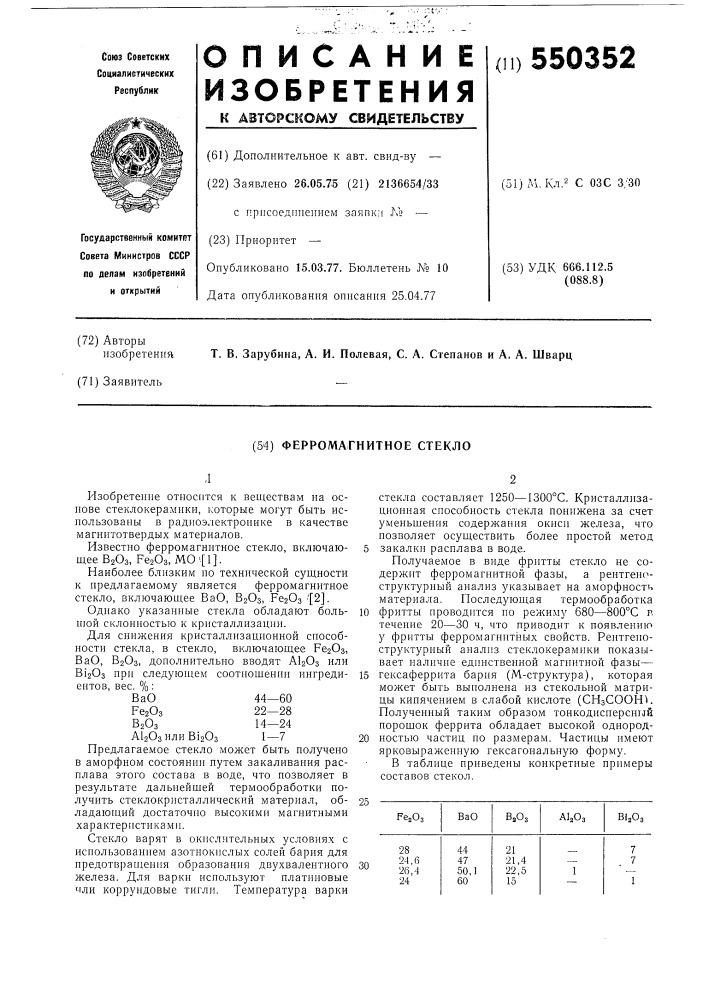 Ферромагнитное стекло (патент 550352)