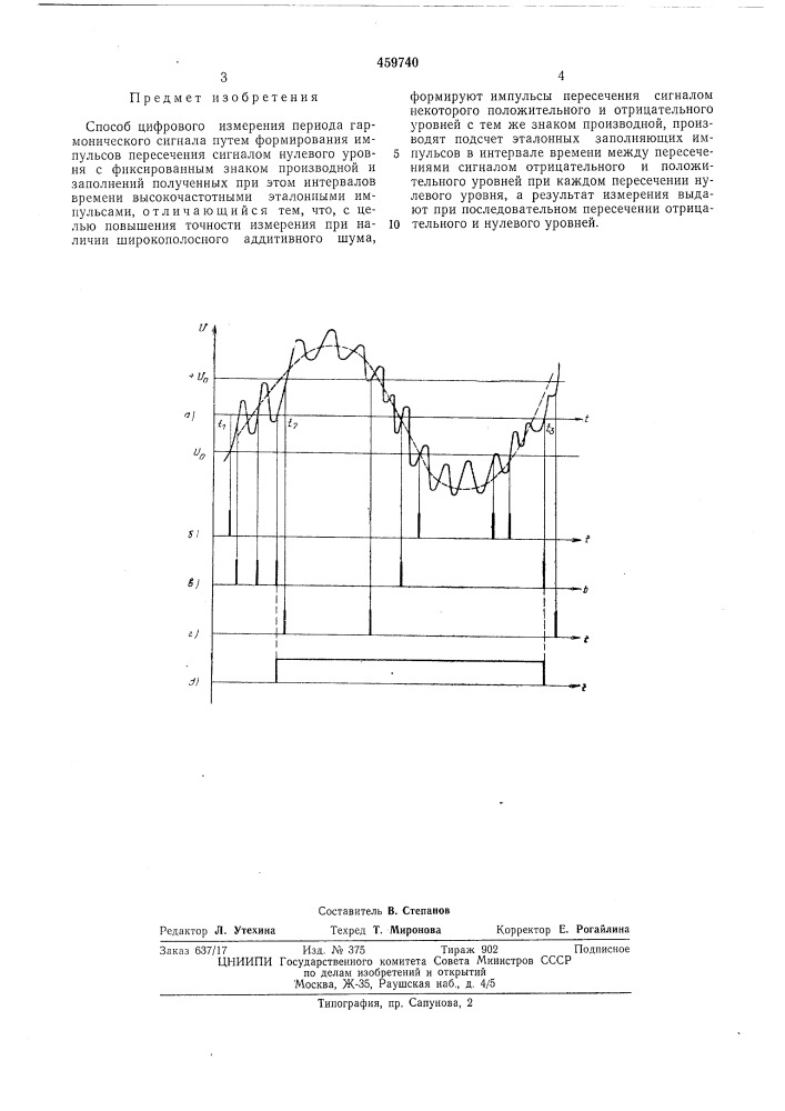 Способ цифрового измерения периода гармонического сигнала (патент 459740)