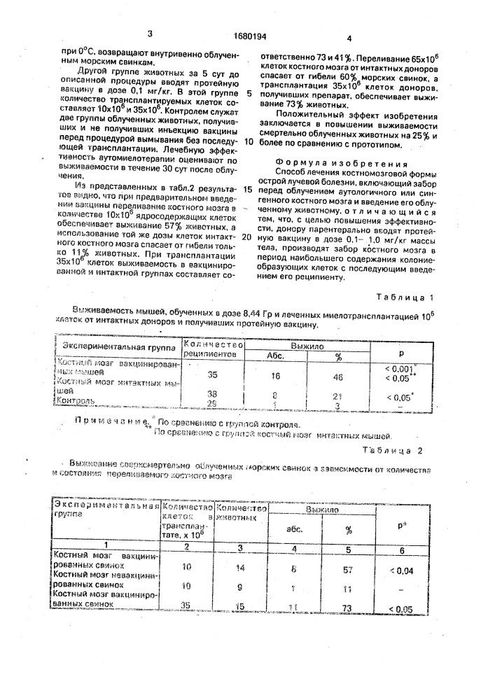 Способ лечения костномозговой формы острой лучевой болезни (патент 1680194)