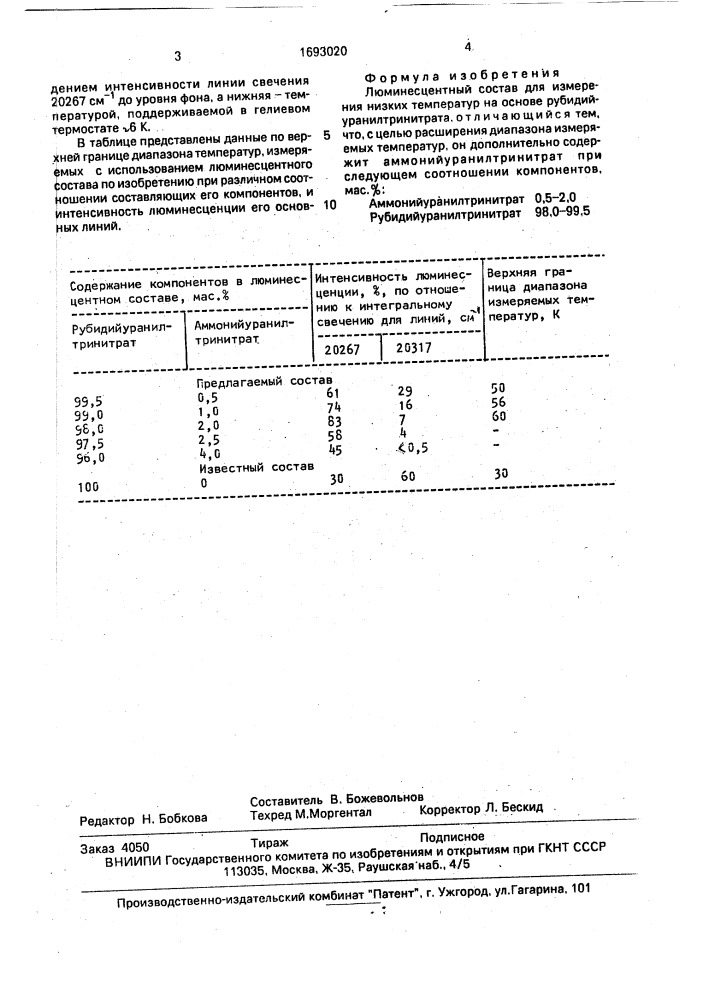 Люминесцентный состав для измерения низких температур (патент 1693020)