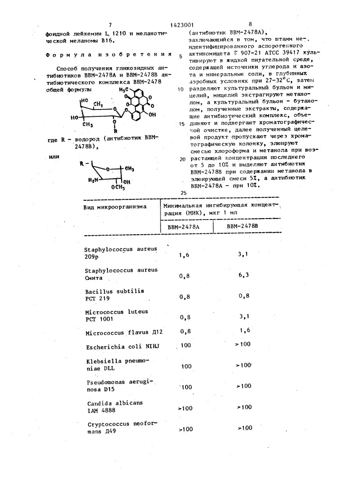 Способ получения гликозидных антибиотиков ввм-2478а и ввм- 2478 в антибиотического комплекса ввм-2478 (патент 1423001)