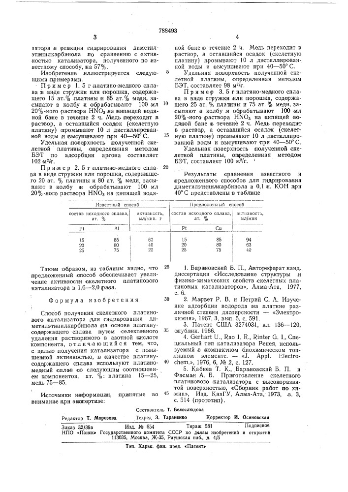 Способ получения скелетного платинового катализатора для гидрирования диметилэтинилкарбинола (патент 788493)