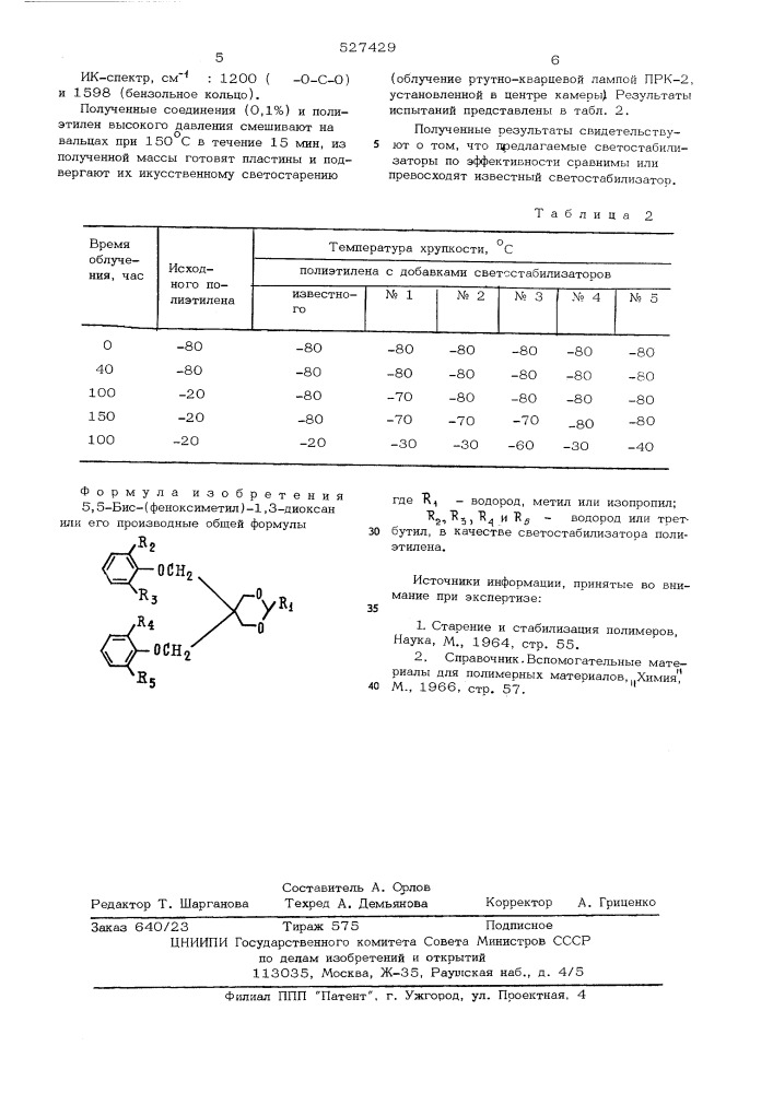 5,5-бис(феноксиметил)-1,3-диоксан или его производные в качестве стабилизатора полиэтилена (патент 527429)