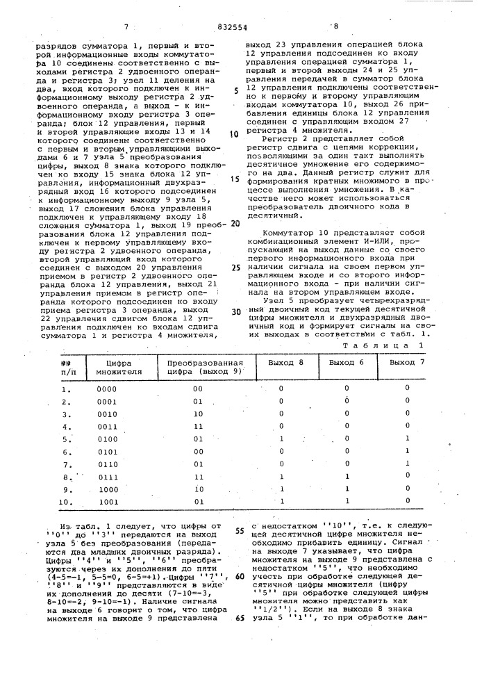 Множительное устройство (патент 832554)