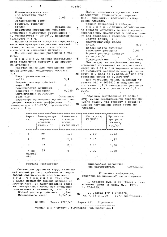 Состав для дубления шкур (патент 821490)