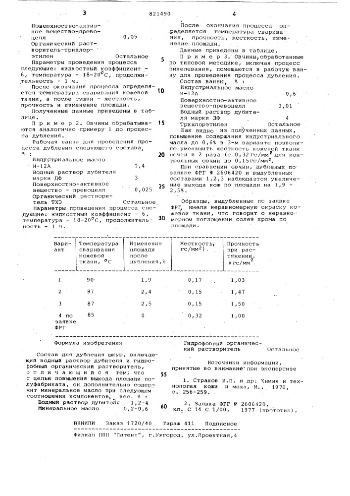 Состав для дубления шкур (патент 821490)