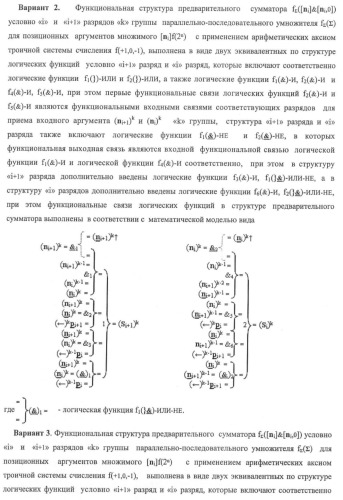 Функциональная структура предварительного сумматора f ([ni]&amp;[ni,0]) условно &quot;i&quot; и &quot;i+1&quot; разрядов &quot;k&quot; группы параллельно-последовательного умножителя f ( ) для позиционных аргументов множимого [ni]f(2n) с применением арифметических аксиом троичной системы счисления f(+1,0,-1) (варианты русской логики) (патент 2439658)