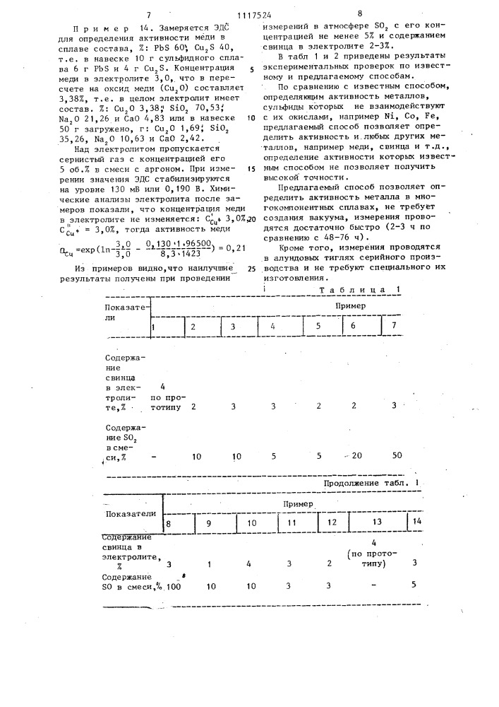 Способ определения активности металлов в расплавах сульфидных сплавов (патент 1117524)