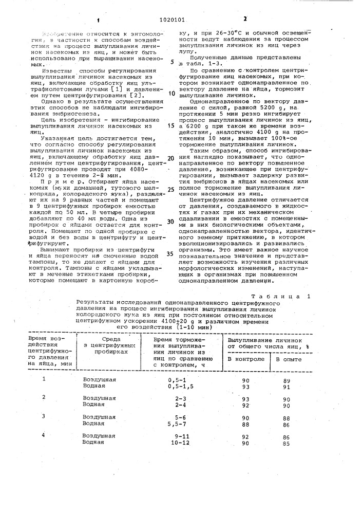 Способ регулирования вылупливания личинок насекомых из яиц (патент 1020101)