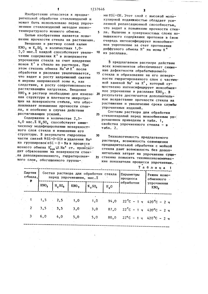 Раствор для обработки стеклоизделий перед ионообменным упрочнением (патент 1237646)