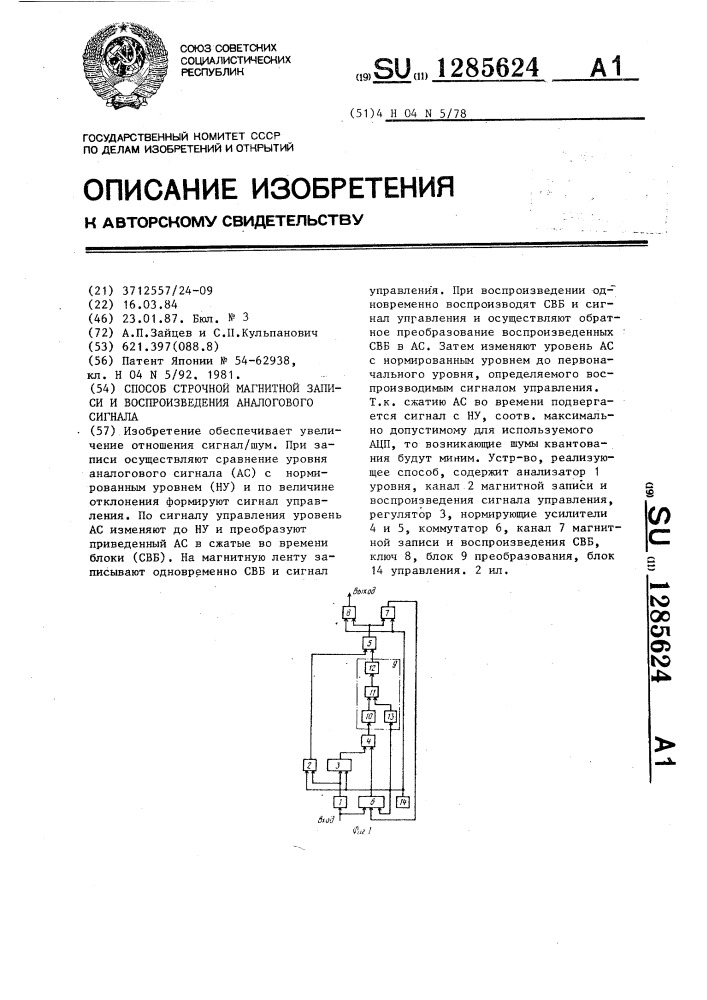 Способ строчной магнитной записи и воспроизведения аналогового сигнала (патент 1285624)