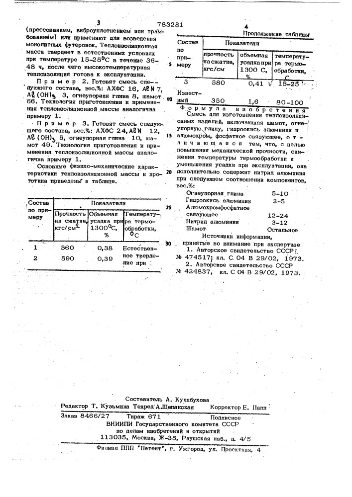 Смесь для изготовления теплоизоляционных изделий (патент 783281)