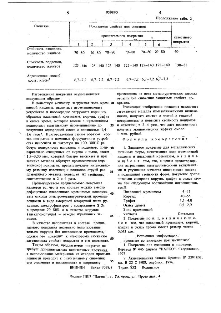 Защитное покрытие для металлических литейных форм (патент 959890)